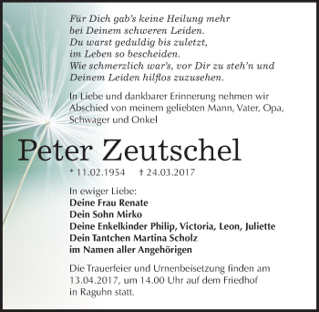 Traueranzeige von Peter Zeutschel von Mitteldeutsche Zeitung Bitterfeld