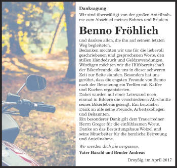Traueranzeige von Benno Fröhlich von Super Sonntag Zeitz