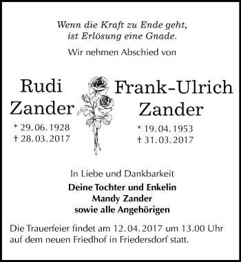 Traueranzeige von Rudi und Frank-Ulrich Zander von Mitteldeutsche Zeitung Bitterfeld