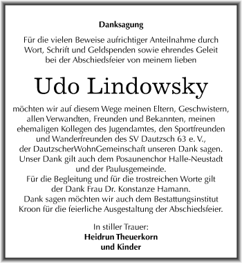 Traueranzeige von Udo Lindowsky von Mitteldeutsche Zeitung Halle/Saalkreis