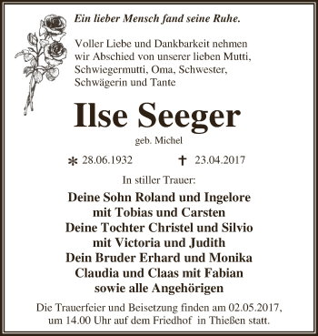 Traueranzeige von Ilse Seeger von WVG - Wochenspiegel Dessau / Köthen