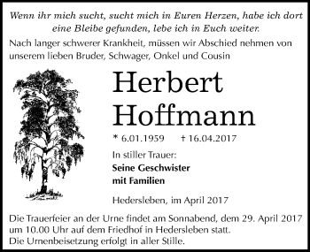 Traueranzeige von Herbert Hoffmann von Mitteldeutsche Zeitung Quedlinburg