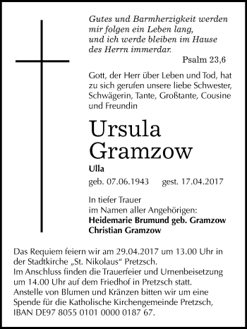 Traueranzeige von Ursula Gramzow von WVG - Wochenspiegel Wittenberg