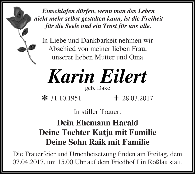  Traueranzeige für Karin Eilert vom 01.04.2017 aus WVG - Wochenspiegel Dessau / Köthen