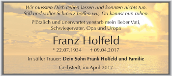 Traueranzeige von Franz Holfeld von Wochenspiegel Mansfelder Land