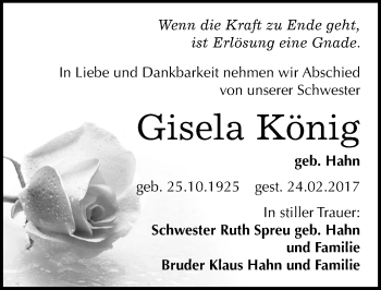 Traueranzeige von Gisela König von Mitteldeutsche Zeitung Naumburg/Nebra