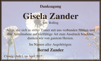 Traueranzeige von Gisela Zander von WVG - Wochenspiegel Dessau / Köthen