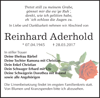 Traueranzeige von Reinhard Aderhold von Mitteldeutsche Zeitung Bitterfeld