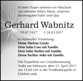 Traueranzeige von Gerhard Wabnitz von Mitteldeutsche Zeitung Mansfelder Land