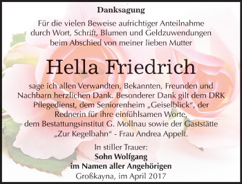 Traueranzeige von Hella Friedrich von Mitteldeutsche Zeitung Merseburg/Querfurt