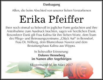 Traueranzeige von Erika Pfeiffer von Super Sonntag SGH Mansf. Land