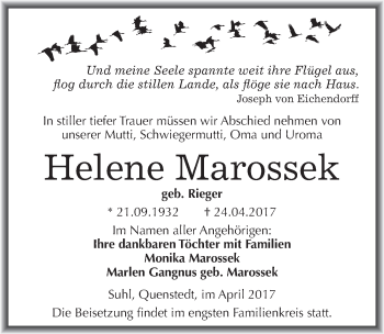 Traueranzeige von Helene Marossek von Mitteldeutsche Zeitung Aschersleben