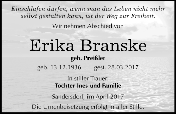 Traueranzeige von Erika Branske von Mitteldeutsche Zeitung Bitterfeld