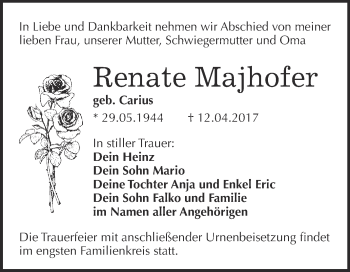 Traueranzeige von Renate Majhofer von WVG - Wochenspiegel Wittenberg