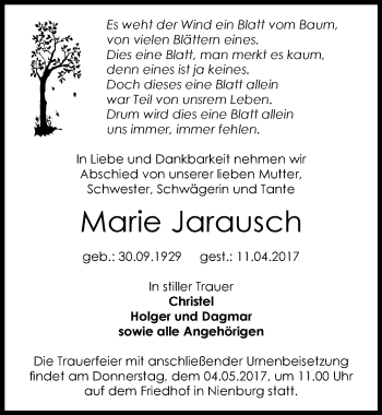 Traueranzeige von Marie Jarausch von Mitteldeutsche Zeitung Bernburg