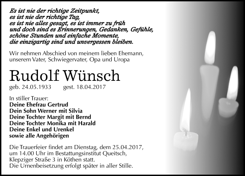  Traueranzeige für Rudolf Wünsch vom 21.04.2017 aus Mitteldeutsche Zeitung Köthen