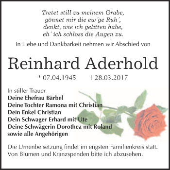Traueranzeige von Reinhard Aderhold von WVG - Wochenspiegel Bitterfeld