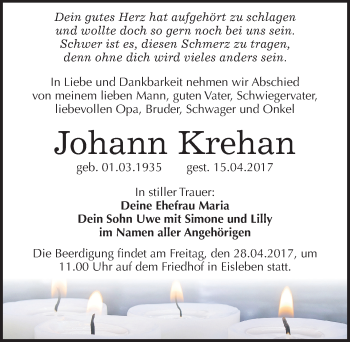 Traueranzeige von Johann Krehan von Mitteldeutsche Zeitung Mansfelder Land