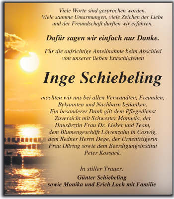 Traueranzeige von Inge Schiebeling von Mitteldeutsche Zeitung Dessau-Roßlau