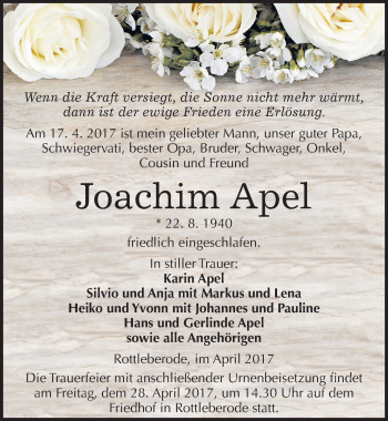 Traueranzeige von Joachim Apel von Mitteldeutsche Zeitung Sangerhausen