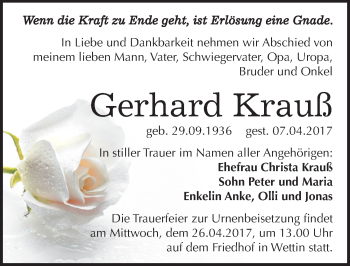 Traueranzeige von Gerhard Krauß von Mitteldeutsche Zeitung Halle/Saalkreis