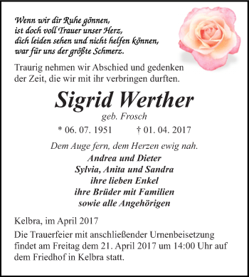 Traueranzeige von Sigrid Werther von Super Sonntag SGH Mansf. Land
