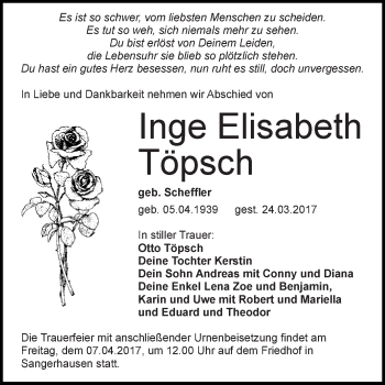 Traueranzeige von Inge Elisabeth Töpsch von Super Sonntag SGH Mansf. Land