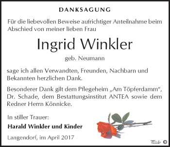 Traueranzeige von Ingrid Winkler von Mitteldeutsche Zeitung Weißenfels