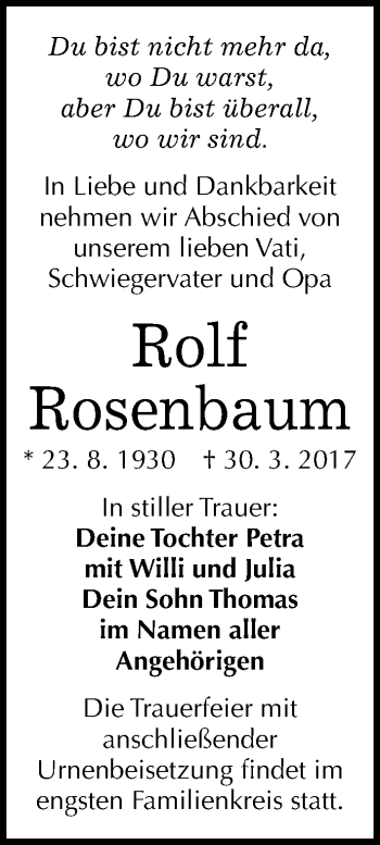 Traueranzeige von Rolf Rosenbaum von Mitteldeutsche Zeitung Halle/Saalkreis