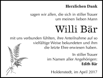 Traueranzeige von Willi Bär von Mitteldeutsche Zeitung Sangerhausen
