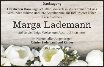 Traueranzeige von Marga Lademann von Mitteldeutsche Zeitung Bitterfeld