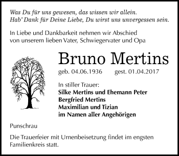 Traueranzeige von Bruno Mertins von Mitteldeutsche Zeitung Naumburg/Nebra