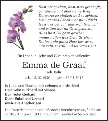 Traueranzeige von Emma de Graaf von Super Sonntag Wittenberg