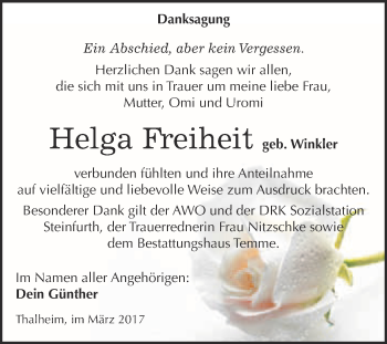 Traueranzeige von Helga Freiheit von WVG - Wochenspiegel Bitterfeld