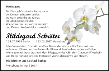 Traueranzeige von Hildegard Schröter von Super Sonntag Merseburg
