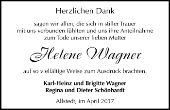Traueranzeige von Helene Wagner von Mitteldeutsche Zeitung Sangerhausen