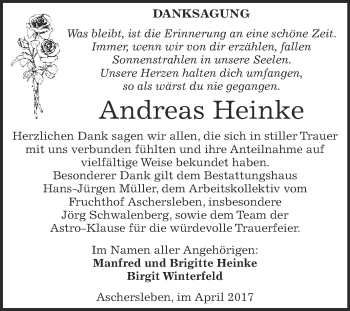 Traueranzeige von Andreas Heinke von Super Sonntag Aschersleben