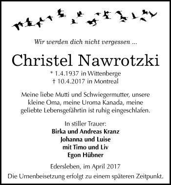 Traueranzeige von Christel Nawrotzki von Mitteldeutsche Zeitung Sangerhausen