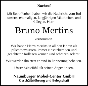 Traueranzeige von Bruno Mertins von Mitteldeutsche Zeitung Naumburg/Nebra