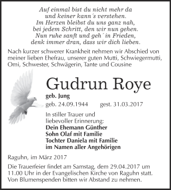 Traueranzeige von Gudrun Roye von WVG - Wochenspiegel Bitterfeld