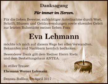 Traueranzeige von Eva Lehmann von WVG - Wochenspiegel Dessau / Köthen