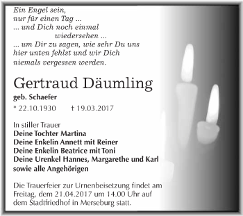 Traueranzeige von Gertraud Däumling von WVG - Wochenspiegel Merseburg