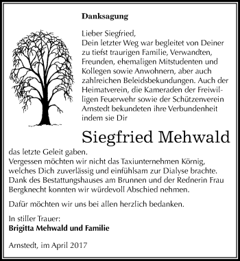 Traueranzeige von Siegfried Mehwald von Mitteldeutsche Zeitung Mansfelder Land