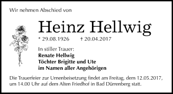 Traueranzeige von Heinz Hellwig von Mitteldeutsche Zeitung Merseburg/Querfurt