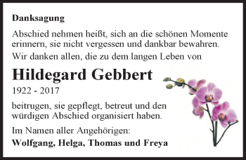 Traueranzeige von Hildegard Gebbert von Mitteldeutsche Zeitung Aschersleben