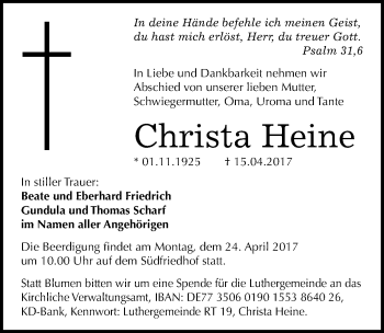 Traueranzeige von Christa Heine von Mitteldeutsche Zeitung Halle/Saalkreis
