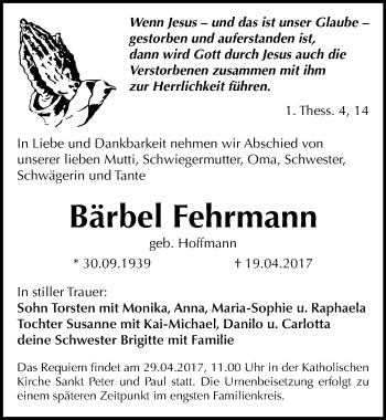 Traueranzeige von Bärbel Fehrmann von Mitteldeutsche Zeitung Dessau-Roßlau