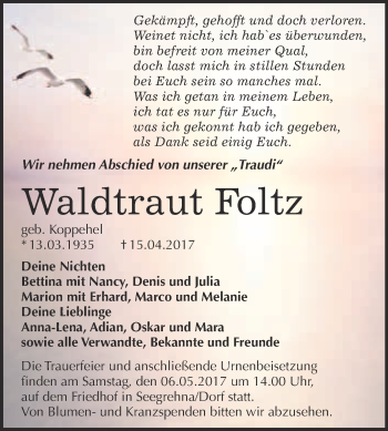 Traueranzeige von Waldtraut Foltz von WVG - Wochenspiegel Wittenberg