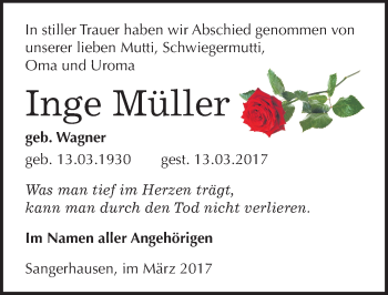 Traueranzeige von Inge Müller von Mitteldeutsche Zeitung Sangerhausen