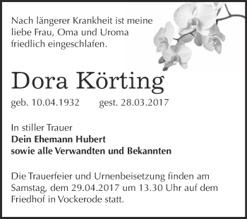 Traueranzeige von Dora Körting von Super Sonntag Wittenberg